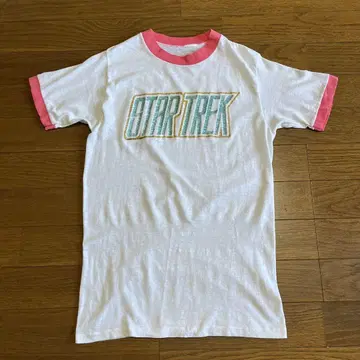 80s USA 제작 스타 트렉 링거 티셔츠 화이트 핑크 라메 프린트