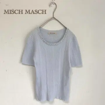 [ MISCH MASCH ] 리브 썸머 니트 반팔 펄 비쥬 스톤