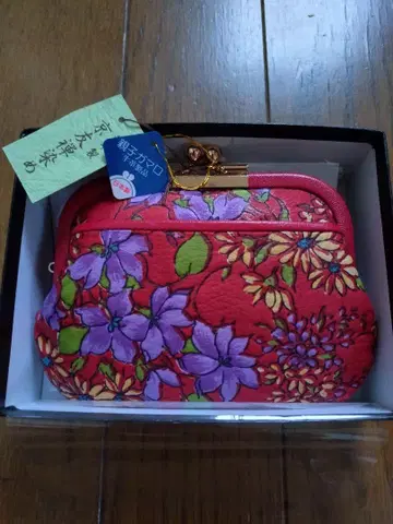 미사용품 교유젠 염색 일본풍 꽃무늬 가마구치 지갑 소가죽 일본제 빨간색