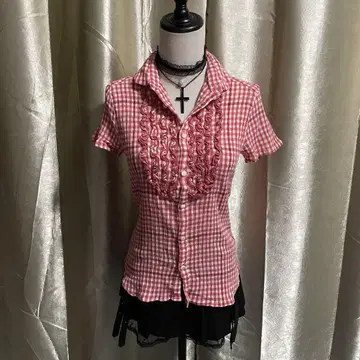 체크 무늬 블라우스 프릴 페어리 그런지 coquette