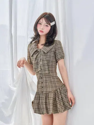 다리치 Darich 빅 리본 벌룬 체크 미니 원피스 베이지