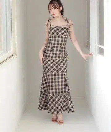 andmary Cecily check long dress AM0828