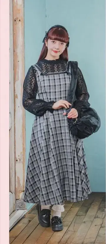 시마무라 아오키 미사코 체크 오버롤 스커트