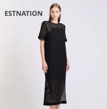 ESTNATION 하프 슬리브 메쉬 롱 원피스 블랙