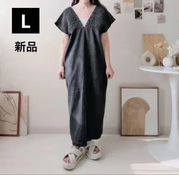새상품 시마무라 addcolor 데님 셔링 원피스 L 블랙