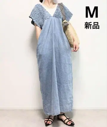 새상품 시마무라 데님 셔링 원피스 M 파랑 색스 addcolor
