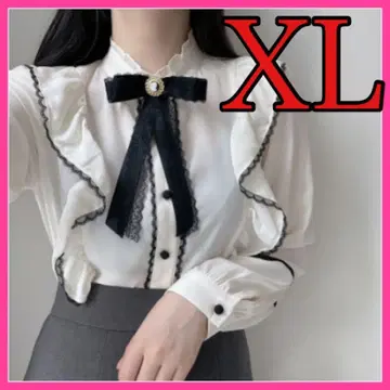 여성용 지뢰계 리본 프릴 북유럽 화이트 블라우스 보우타이 양산형 XL