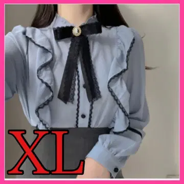 여성 지뢰계 리본 프릴 북유럽 블루 블라우스 보우타이 양산형 XL