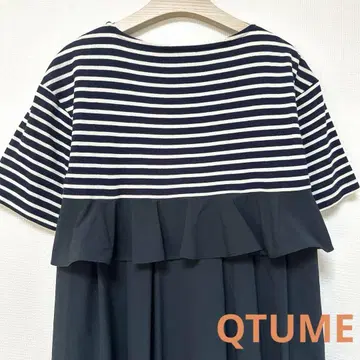 미품 QTUME 큐튬 이소재 원피스 보더 롱 기장 등 프릴