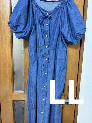 데님 블루 퍼프 슬리브 롱 원피스 LL
