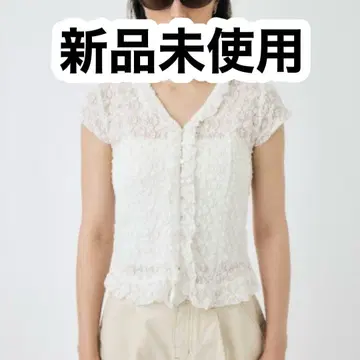 MOUSSY 마우지 프릴 레이스 슬리브리스 상의 화이트 블라우스