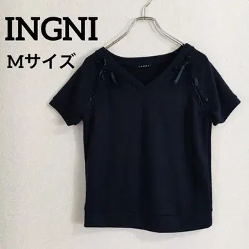 INGNI 잉그 티셔츠 니트 [M] 네이비 반팔 소매 리본 성숙/러블리