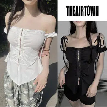 THEAIRTOWN 숄더 리본 오프숄더 플레어 상의