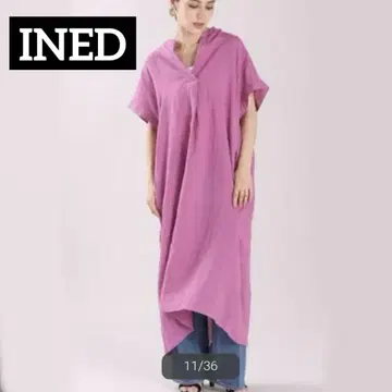 컨디션 최상 이네드 린넨 100% 셔츠 원피스 스탠드 카라 일본제