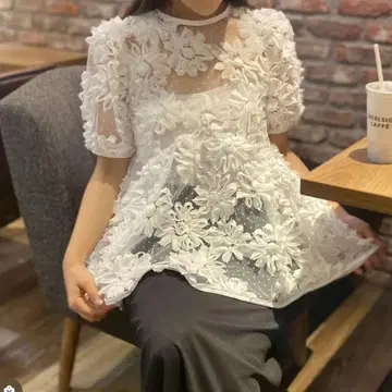 미사용급 글래머러스 가든 도트 시스루 블라우스 꽃
