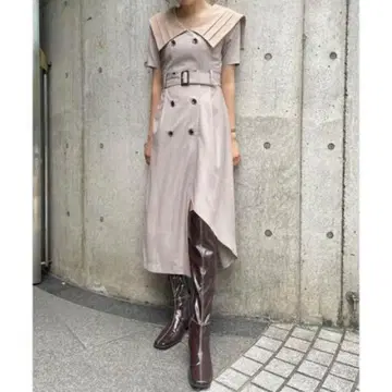 REDYAZEL 빅 카라 고급 트렌치풍 원피스 베이지 여름 출퇴근 S