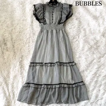 BUBBLES 체크 무늬 티어드 롱 원피스 프릴 시어