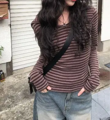 보더 무늬 후드 니트 티셔츠
