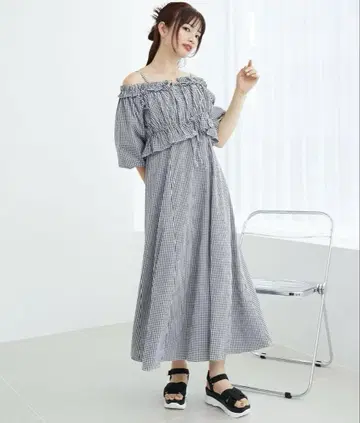 MAJESTIC LEGON 오프숄더 깅엄 체크 캐미 원피스