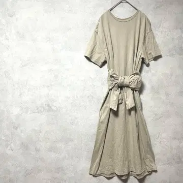 리셰글래머 면 100% 롱 원피스 반팔 허리 리본 브라운 계열 봄/여름