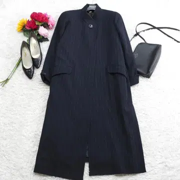 G6596*Vivre Estro A라인 스트라이프 패턴 울 코트 네이비
