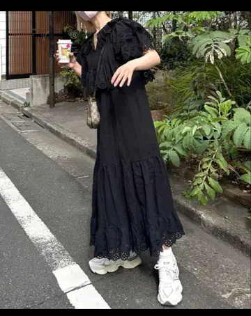 레이스 개더 반팔 롱 원피스
