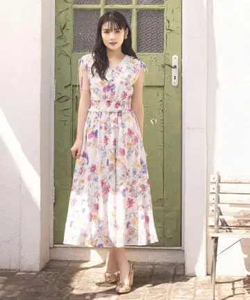 어깨 드로스트 리본 플라워 프린트 허리 셔링 원피스