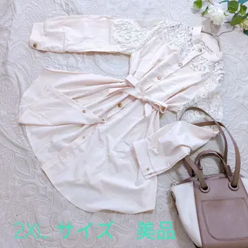 2XL 사이즈 베이지 레이스 소매 셔츠 원피스 허리 리본 포함