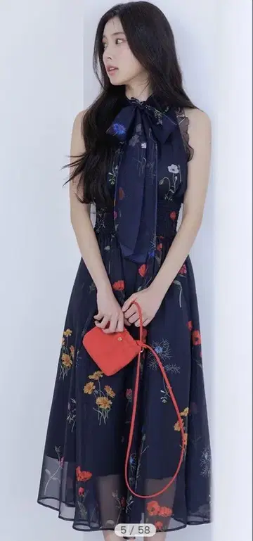 미사용 택 포함 백리본 쉬폰 원피스 NVY M