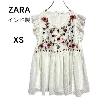 ZARA 꽃무늬 자수 도트 튤 상의 XS 프릴 튜닉 페미닌