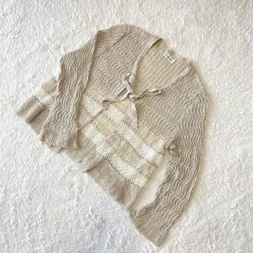 Chamois [ M ] 샤미 가디건 리본 베이지 소매 플레어 린넨