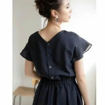 PLST 린넨 라이크 폴리 백 버튼 원피스 프릴 슬리브