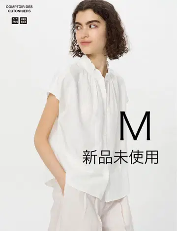 유니클로 코토니에 린넨 블렌드 프릴 블라우스 반팔 셔츠 M 화이트