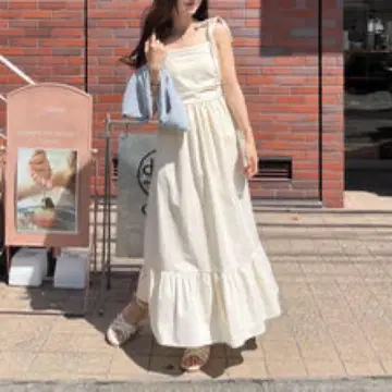 [ RiLi ] 어깨 리본 플레어 캐미 원피스 아이보리 S