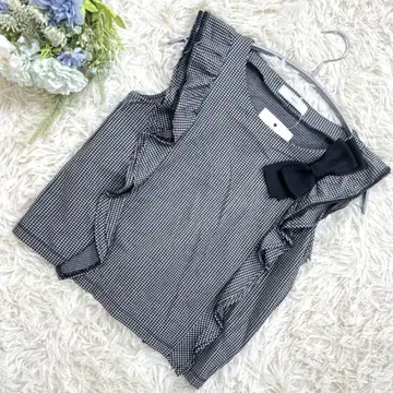 마리에 슬리브리스 블라우스 블랙 프릴 리본 S 사이즈 깅엄 체크