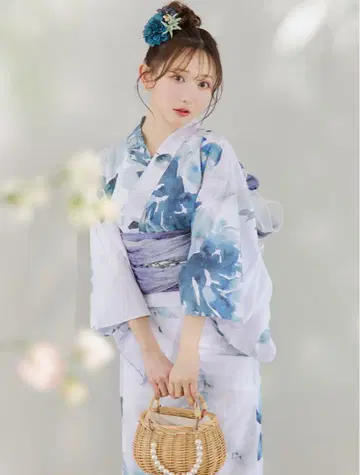 파란 꽃무늬 유카타 오비 일본 나막신 세트 JEWELS
