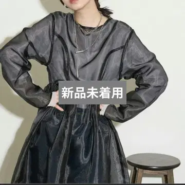 THE YOn 그레이 시어 오간자 플레어 롱 원피스 드레스