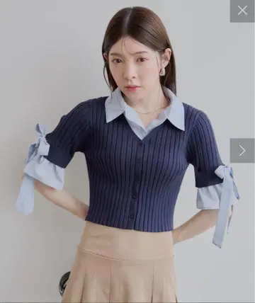 Chico [ 5부 소매 ] 카라 부착 레이어드 소매 리본 가디건 네이비