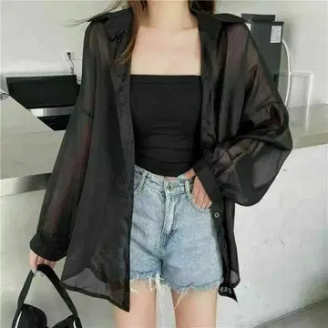 여성용 시어 셔츠 시스루 퍼플 더스티 컬러 긴팔