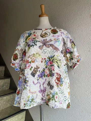 Tunic 카모이 요코 퍼프 슬리브 블라우스 티셔츠 꽃 천사