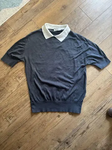 JOHN SMEDLEY 다크 그레이 반팔 바이컬러 코튼 니트 피케 셔츠