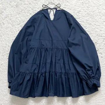 컨디션 최상 요리 백리본 티어드 롱 블라우스 워셔블 개더 네이비