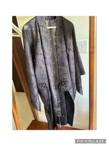 순수 실크 도중옷 리프 문양  블랙 x 흑홍 가드 가공 컨디션 최상