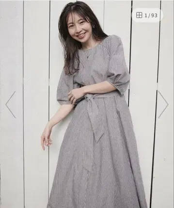 스트라이프 허리 리본 롱 원피스