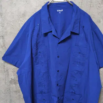 빈티지 블루 쿠바 셔츠 자수 라인 4XL 사이즈