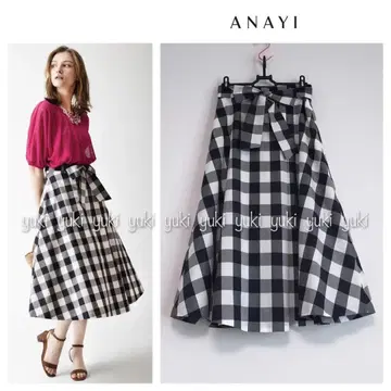 ANAYI 깅엄 체크 턱 플레어 스커트 38