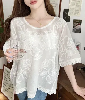 새상품 택 달린 인도 면 자수 반팔 블라우스 화이트