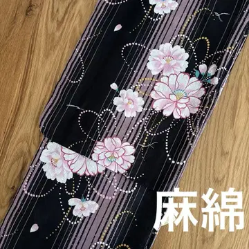 유카타 새상품 여성용 면 린넨 블랙 꽃무늬