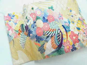 순수 실크 호화로운 당직 후쿠로 오비 화조도 금박 빛나는 후쿠로 오비