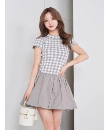 체크 무늬 반팔 미니 원피스 그레이